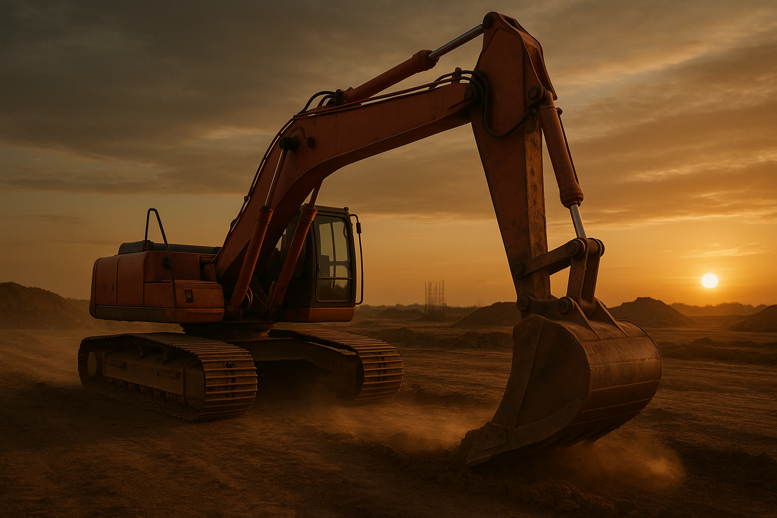Retroexcavadora industrial de Angelopolitanos en operación durante movimiento de tierras al atardecer